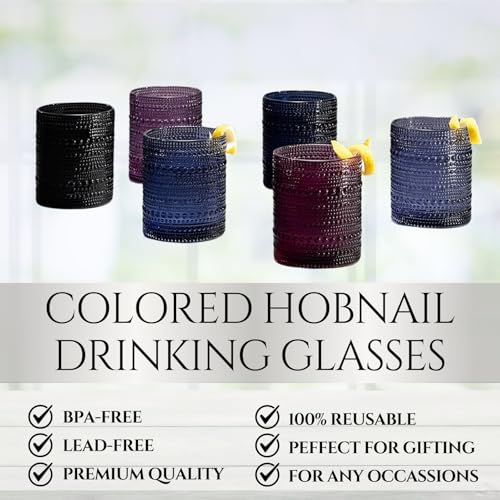 Hobnail Beaded Highball Drinking Tumbler Glasses | Set of 6 | Color, Vintage Bubble Design Whiskey Glassware, Old-Fashioned, Embossed Design for Water, Wine, Cocktail Embossed Heavy Glas, Rocks Glass