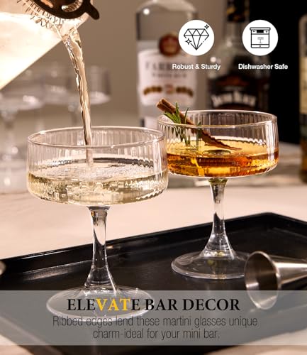 Echubao Coupe Glasses Set of 6, Ribbed Large Martini Glass, 10oz Vintage Cocktail Glasses for Espresso Martini, Manhattan, Margarita, Pisco Sour, Home Bar