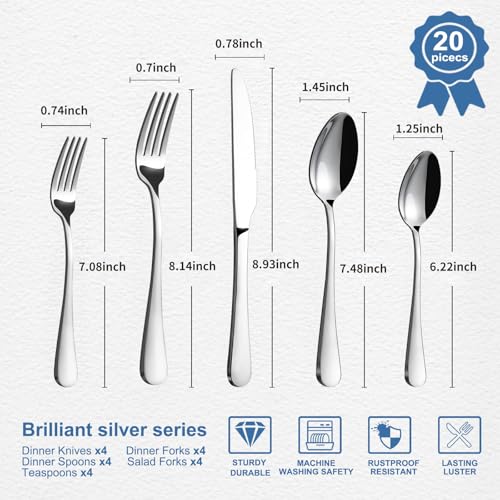 BEWOS Silverware Set for 4-20 Piece Stainless Steel Flatware Set with Spoons, Forks, Knives, Heavy Duty Mirror Polished Flatware for Home, Kitchen, Restaurant, Dishwasher Safe