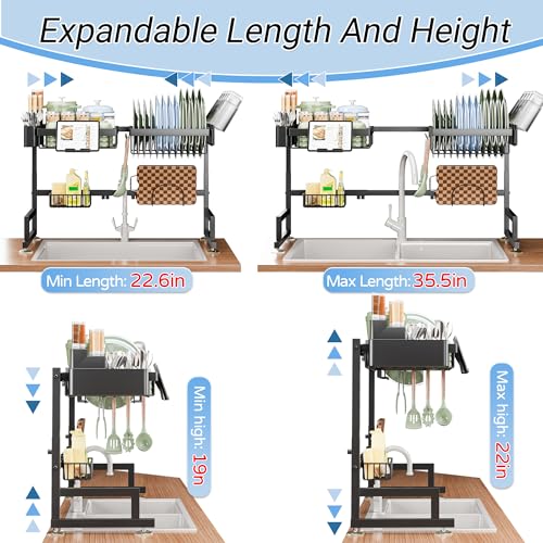 ADBIU Over The Sink Dish Drying Rack (Expandable Height and Length) Snap-On Design 2 Tier Large Dish Rack