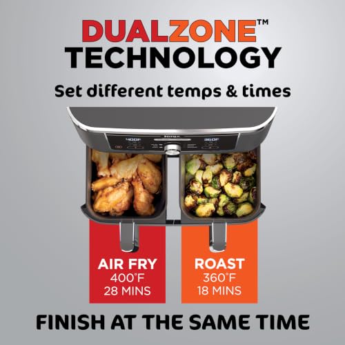 Ninja DZ401 Foodi 10 Quart 6-in-1 DualZone XL 2-Basket Air Fryer with 2 Independent Frying Baskets, Match Cook & Smart Finish to Roast, Broil, Dehydrate for Quick, Easy Family-Sized Meals, Grey