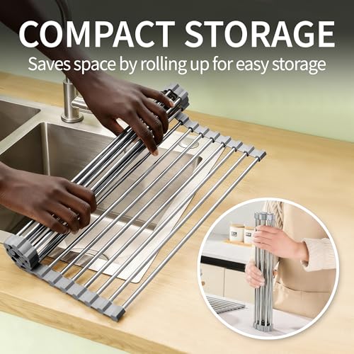 Yohslqo Roll Up Dish Drying Rack for Sink, Over Sink Dish Rack 17 x 15.7 Inch, Silicone Stainless Steel Dish Drainer for Kitchen Counter, BPA Free Utensil Drying Rack, Gray