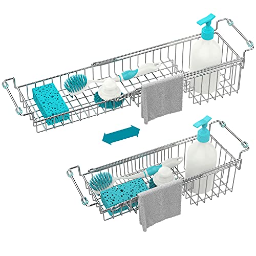 FavoThings Over the Sink Caddy, Expandable Stainless Steel Sponge Holder for Kitchen Sink, 14.5-22 in Sink Organizer Rack for Sponge, Soap, Brush, Dish Cloth and Rag, Rust-Resistant Drying Holder