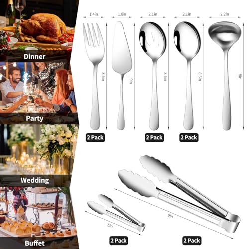Gisly 12-Piece Serving Set - Large Spoons, Forks, Tongs, Ladle, Cake Server & Appetizer Tongs for Buffet Catering, Dishwasher Safe