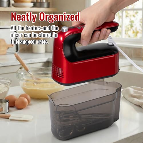 CBQ Hand Mixer Electric, 9 Speed 400W Handheld Mixer with Digital, Touch Button, Turbo, Snop-On Storage Case, 5 Stainless Steel Accessories, Hand Mixer Electric Handheld for Cake, Cookie, Egg (Red)