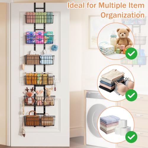 Hongtamoya Over The Door Organizer, Adjustable Hanging Door Organizer with 6 Wire Baskets 5 Hooks, Metal Behind The Door Storage for Pantry Closet Bedroom Bathroom Cabinet Kitchen Laundry Room, Black