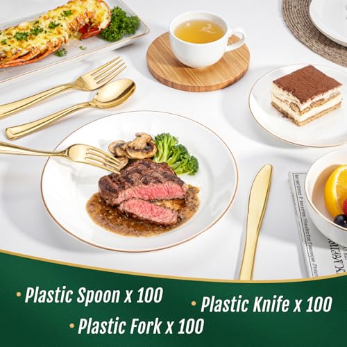 WDF300 Pieces Gold Plastic Silverware - Heavy Duty Disposable Cutlery Set Plastic Gold Silverware Set Includes 100 Forks, 100 Spoons, 100 Knives for Party Baby Shower Wedding Spring
