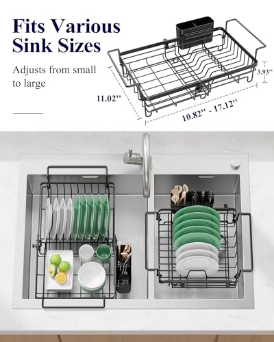 Kitsure Expandable in-Sink or Over-Sink Dish Drying Rack, Large, Black