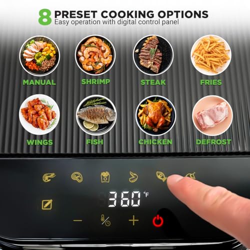 Nutrichef 5.8 Quart Air Fryer | 8-in-1 Preset Cook Modes| Transparent Fry Bowl for Best Cooking Results | Cook Shrimp, Steak, Fries, Wings, Chicken & More | Precise Temperature Control & Time | White