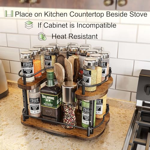 Lazy Susan Organizer Spice Rack - Spice Organization for Cabinet Height Adjustable Rotating Lazy Turntable, Pantry Kitchen Wood Revolving Seasoning Organizer (Vintage, 12 Inch)