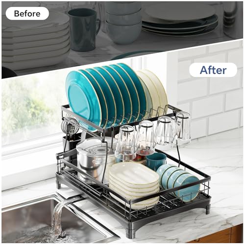 Simple Trending Dish Rack, Stainless Steel Dish Drying Rack for Kitchen Counter, Large Capacity 2-Tier Dish Drainer Organizer with Utensil Holder, Black