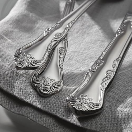 Oneida Silverware Set For 8, Azalea 45-Piece Everyday Flatware Set with Serving Utensils, Floral, Service For 8, 18/0 Stainless Steel, Dishwasher Safe, Knives Spoons And Forks Sets (Silver, 45 Pieces)