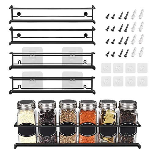 Spice Rack Wall Mounted 4 Tier – Space-Saving Kitchen Spice Organizer for Seasonings – Screw or Adhesive Hanging – Wall Mount Hanging Spice Rack for Wall, Cabinet, Pantry Door 2.5x 2.5x11.5 in