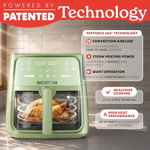 Gourmia 8 Qt Air Fryer, 8 Presets with Digital Display, FryForce 360° Technology, Easy View Window & Interior Light, Dishwasher Safe Basket, Green