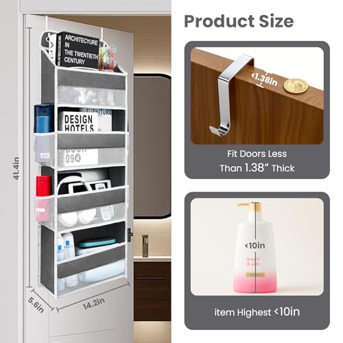 Over The Door Organizer with LifetimeWarranty, 4 Shelves & 4 Side Pockets, Large Storage Rack Holds 44lb, Heavy-Duty Reinforced Mesh Shelf for Bathroom, Closet, Toy Organization, Shoes, Towels, Grey