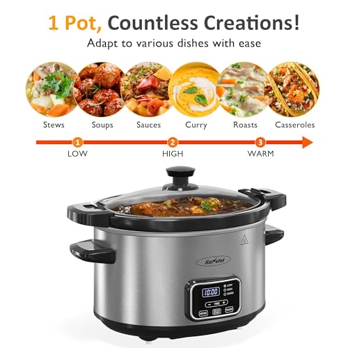 Sunvivi 4qt Slow Cooker, Programmable Slow Cooker with Locking Lid, Removable Ceramic Pot, 3 Heating Settings & Time Control, Mini Food Warmer with Dishwasher-safe Lid & Pot, Silver
