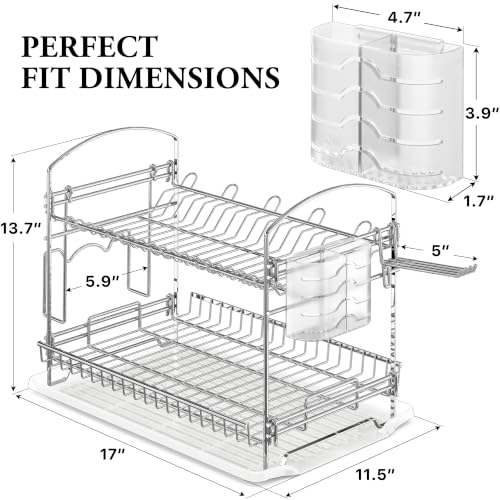 Simple Houseware 2-Tier Stainless Steel Dish Rack with Drainboard, Chrome for Kitchen