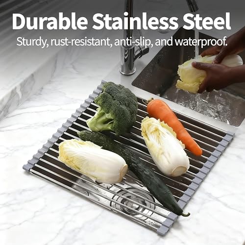TYZUIAW Roll Up Dish Drying Rack for Over Sink -17.5"x11.8" Foldable Stainless Steel Kitchen Drainer，Gray