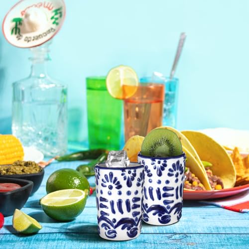 Roshtia 6 Pcs Mexican Tequila Shot Glasses Set 2 oz Talavera Shot Glasses Handmade Ceramic Cups with White Decoration Mexican Pottery Gift Mugs for Tequila Lover Bachelorette Party(Blue)
