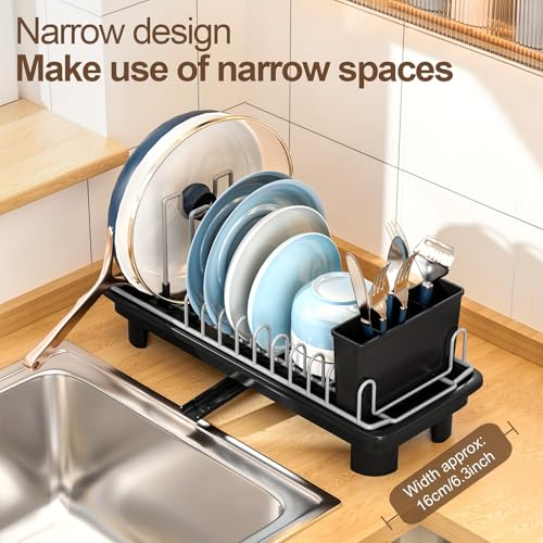 liucocotos Compact Dish Drying Rack for Countertop, Small-Sized for Dorms, RVs & Tiny Kitchens, Auto-Drain, Adjustable Slots, Rust-Resistant with Utensil Caddy & Sponge Holder (Black)