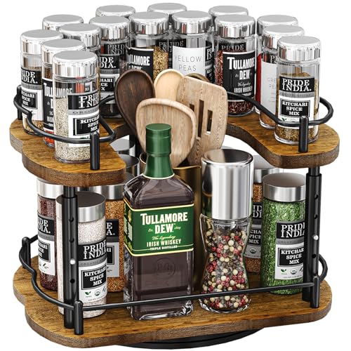 Lazy Susan Organizer Spice Rack - Spice Organization for Cabinet Height Adjustable Rotating Lazy Turntable, Pantry Kitchen Wood Revolving Seasoning Organizer (Vintage, 12 Inch)