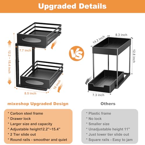 mixeshop Under Sink Organizer, 2 Tier Under Sink Organizers and Storage, Adjustable Height, Slide out Metal Cabinet Organizers, Pull out Cabinet Storage Drawer Shelf for Kitchen Bathroom (Black, 2)