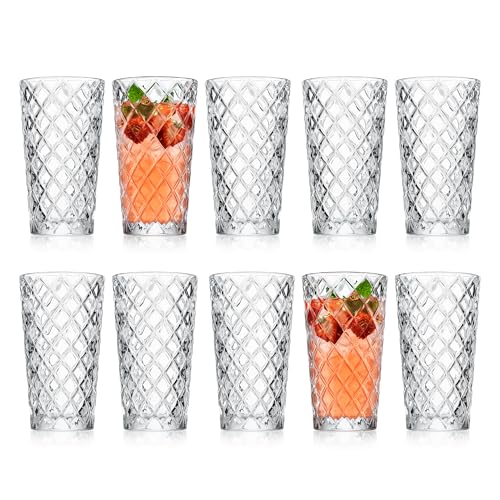 Glaver's Drinking Glasses - Set of 10-14oz. Highball Glass Cups - Dishwasher Safe Cocktail - Diamond Cut Shape - Tall Beer Glasses, Water Glasses, Bar Glass, Wine, Juice, Iced Tea