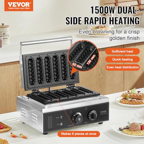 VEVOR Commercial Waffle Stick Maker, 6PCS 1500W Waffle Baker Machine, Non-Stick Stainless Steel Corn Hot Dog Waffle Iron with Temp and Time Control, Handle, for Restaurant Bakery Snack Bar Family