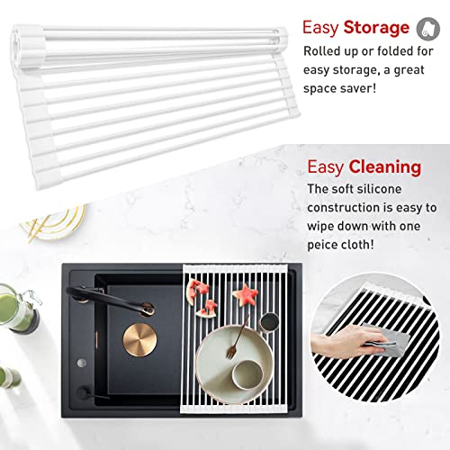 MERRYBOX Roll Up Dish Drying Rack Silicone Wrapped Over The Sink Dish Rack Foldable Dish Drainer Anti-Slip Dish Racks for Kitchen Counter, Multipurpose Kitchen Sink Drying Rack, 20.5" x 13", White