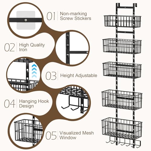 Hongtamoya Adjustable Over the Door Organizer, Metal Hanging Door Organizer with 5 Wire Basket 7 Hooks, Wall Mounted Shelf for Pantry Laundry Organization and Storage, Black