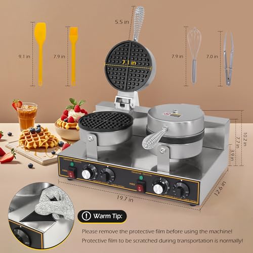 Dyna-Living Waffle Maker 2400W Double Waffle Iron Maker Restaurant Non-stick Round Waffle Machine Commercial Waffle Maker Large Waffle Machine for Hotel, Thicken Stainless Steel