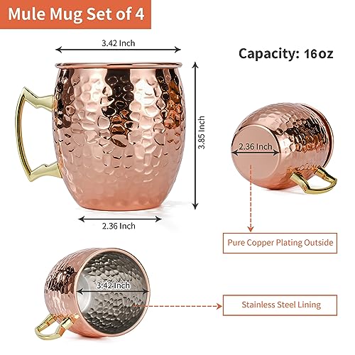 Amrules Moscow Mule Mugs Set of 4, 16 OZ Hammered Copper Cups with 304 Stainless Steel Lining and Gold Brass Handles, for Cold Drinks, Beer, Wine, Bars, Parties