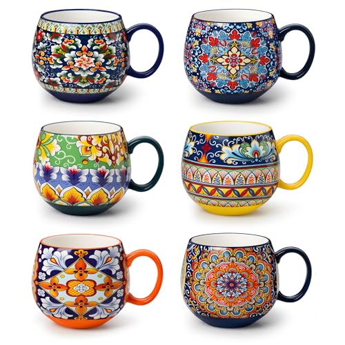 vancasso Coffee Mugs Set of 6, Coffee Cups Ceramic 18oz, Porcelain Coffee Mugs for Cappuccino, Latte, Espresso, Colorful Coffee Mugs with Handle, Rounded Boho Mugs, Microwave & Dishwasher Safe