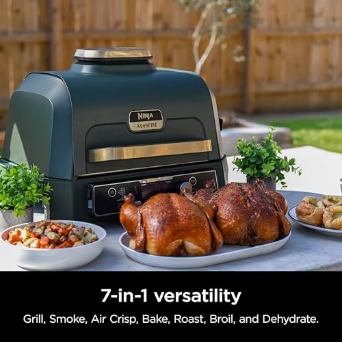 Ninja Woodfire Pro Connect XL Outdoor Grill & Smoker | Bluetooth, App Enabled | 7-in-1 Grill, BBQ Smoker, Outdoor Air Fryer | Woodfire Technology | Built-In Thermometer | Blue & Gold| OG951BL1