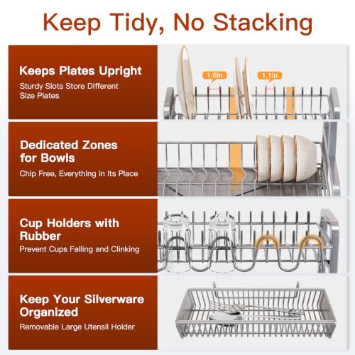 BOOSINY 2 Tier Dish Drainer Drying Rack for Kitchen Counter, Large Stainless Steel Dish Dryer with Drainboard, Big Rustproof Metal Space Saving Countertop Plate Strainer with Utensil Holder, Sliver