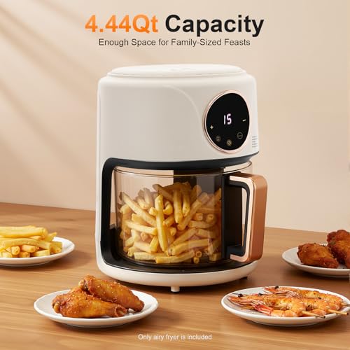 Tiozuiu 8-in-1 Glass Air Fryer, 4.5Qt Capacity Non Toxic Air Fryer, 360° Viewable Bowl, Touchscreen Display, Precise Temperature(175°F - 400°F), 1200W Oil Cooking Dishwasher Safe Glass Pot - White