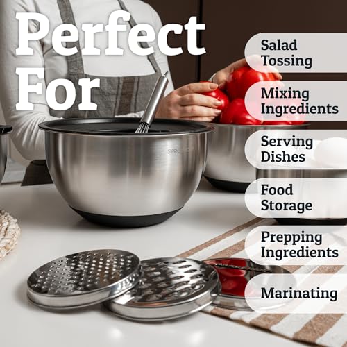 Priority Chef Stainless Steel Mixing Bowls with Lids Set, 3 Grater Attachments, Airtight Lids, Non-Slip Silicone Base Mixing Bowl Set, Large Prep Metal Mixing Bowls for Kitchen, Black