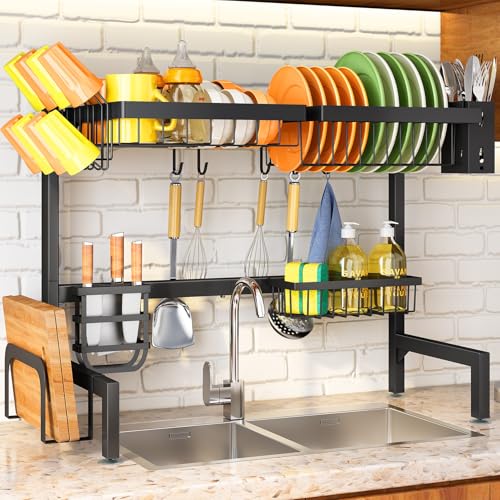 SNTD Over The Sink Large Dish Drying Rack, Metal, 26.8"-34.6", Black