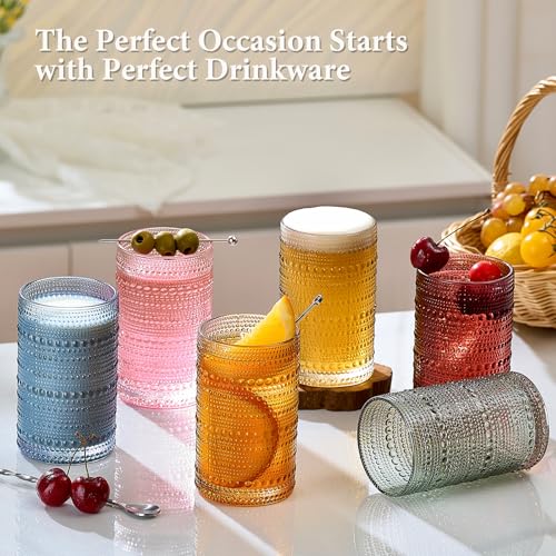 Mfacoy Colored Hobnail Drinking Glasses Set of 6, 12oz Vintage Kitchen Glassware, Embossed Beaded Glass Cups, Water Glasses, Beaded Colorful Water Tumbler for Cocktail, Juice and Various Mixed Drinks