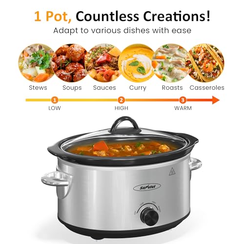 Sunvivi 4QT Slow Cooker & Mini Food Warmer with 3 Heating Settings, Removable Ceramic Pot, Dishwasher Safe Glass Lid, Stainless Steel
