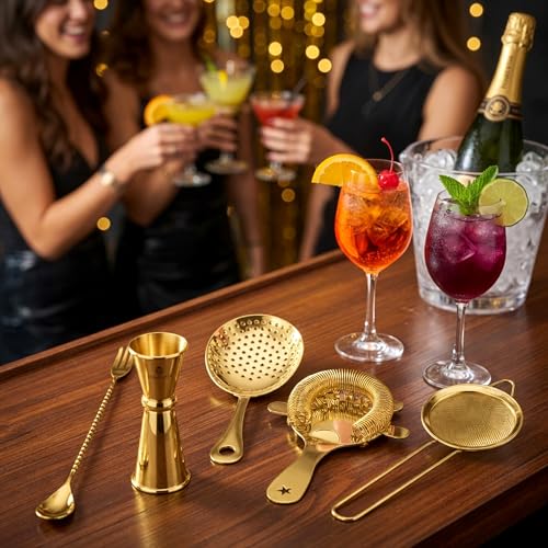 Homestia 5-Piece Gold Cocktail Strainer Set, Stainless Steel Hawthorne + Julep + Fine Mesh Strainers with Bar Spoon & Jigger, Professional Bartending Tools Bar Mixing Kit