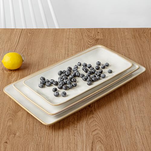 Famiware Serving Platter, Rectangular 15.67/14.1/12.6inch Serving Dishes for Entertaining, Microwave Dishwasher Safe, Stoneware Serving Trays for Party, Turkey, Cheese, Ocean Series, Cappuccino White