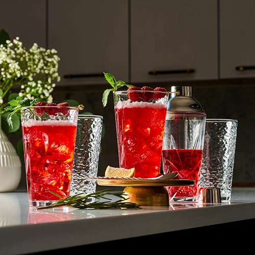 Le'raze Set of 10 Hammered Glass Cups, Clear Heavy Base Drinking Glasses