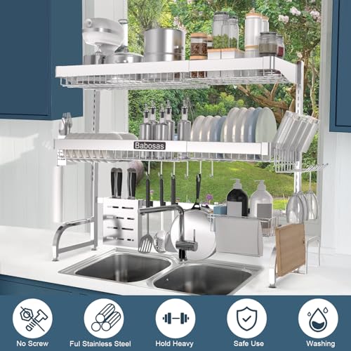 Babosas Over The Sink Dish Drying Rack,3 Tier Adjustable Length (25.5'' to 37.4'') Full Stainless Steel Large Storage Kitchen Dish Rack,For Kitchen Counter Expandable Multifunctional Organizers,Silver