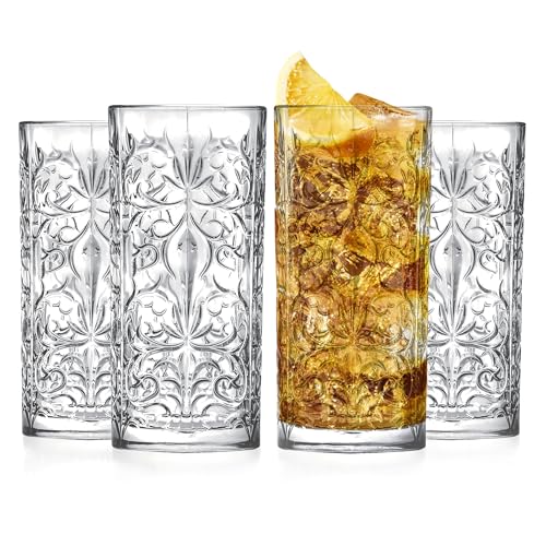 Barski Highball Glass - Drinking Glasses - Set of 4 - Hiball Tumblers - Glass Crystal Tumbler - for Water, Juice, Beer, Mixed Cocktails, Mojito Glass, Tom Collins Bar Glassware, 13 oz, Made in Europe
