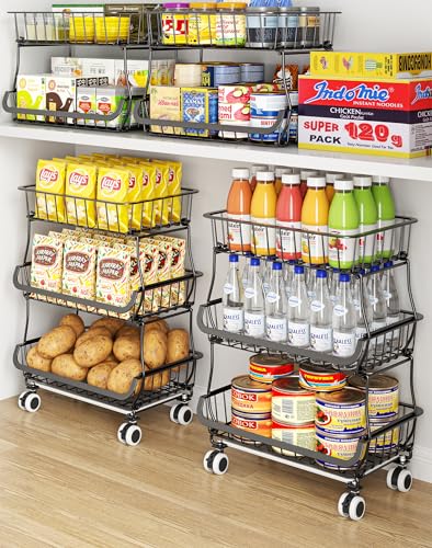 OKZEST 3-Tier Rolling Pantry Floor Organizer and Storage Cart with Wheels, Stackable Wire Pantry Baskets for Pantry Shelves, Kitchen Fruit Basket Stand and Storage Rack for Fruit Snack Onion Potato
