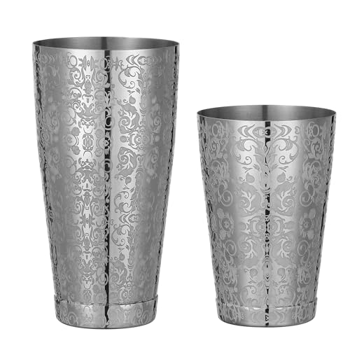 Stainless Steel Boston Shaker with Etched Pattern Weighted Shaking Tin Set (Spirit Silver)