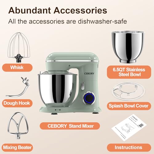 CEBORY 3-IN-1 Electric Stand Mixer, 6.5QT Bowl 660W 10-Speed Kitchen Mixer, Household Food Mixers include Dough Hook, Beater and Whisk, Bread Cake Mixer for Baking and Most Home Cooks, Green