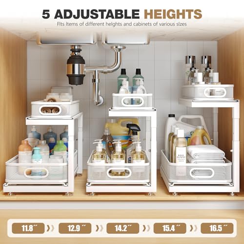 2-Pack Under Sink Storage Organizer with 2-Tier Slide Out Drawer, Sophisticated Mesh Pull Out Shelf for Kitchen & Bathroom, Fits Small Items, Upgraded Arched Track for Smooth Gliding(Patented)