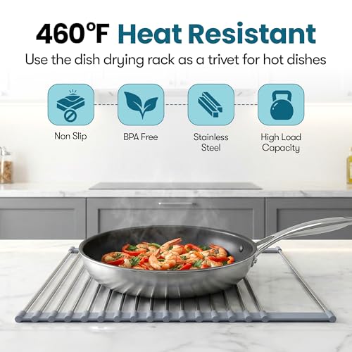 Havenity™ Expandable Roll Up Dish Drying Rack with Drying Mat - Adjustable Up to 22.75" with 2 Free Attachments & 2 Removable Baskets, 304 Stainless Steel Over The Sink Dish Drying Rack Cover Kitchen
